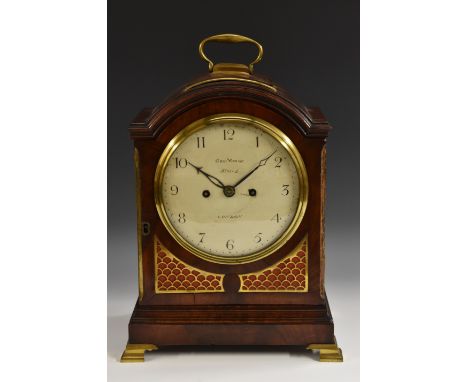 A late George III mahogany bracket clock, 18cm white enamel dial inscribed Geo: Yonge, Strand, London, and numbered with Arab