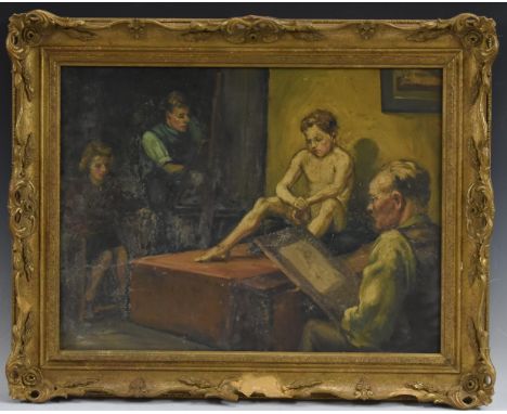 English School (mid-20th century)Life Drawing in the Artist's Studio, with 'palimpsest' to verso: Portrait of a Gentleman, se