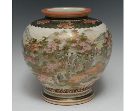 A Japanese Satsuma ovoid vase, well-painted with traditional figures admiring pink blossom in a landscaped garden with a brid