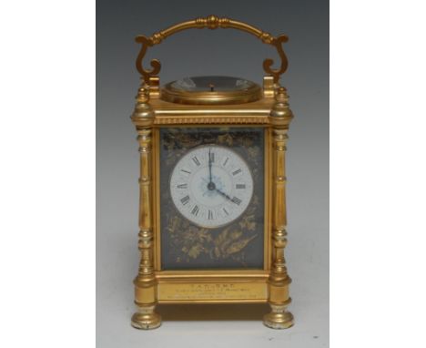 A 19th century Aesthetic Movement gilt brass repeating carriage clock, 5.5cm enamel dial with Arabic numerals, the field deco