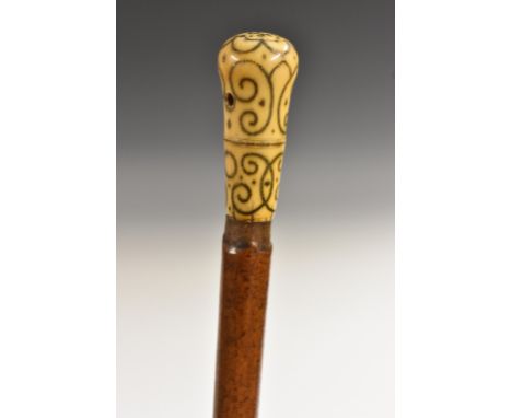 A Queen Anne ivory and silver piqué gentleman's walking stick, the domed handle monogrammed WD and dated 1705, the ground wit