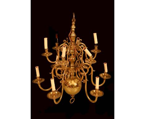A William and Mary style brass twelve light electrolier, scroll branches, 89cm high