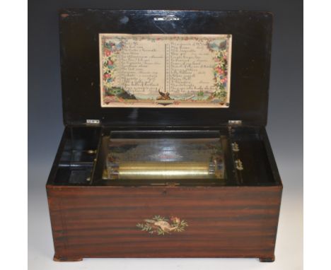 A large 19th century Swiss rounded rectangular musical box, 23.5cm cylinder playing thirty two airs on a one-piece comb, cran