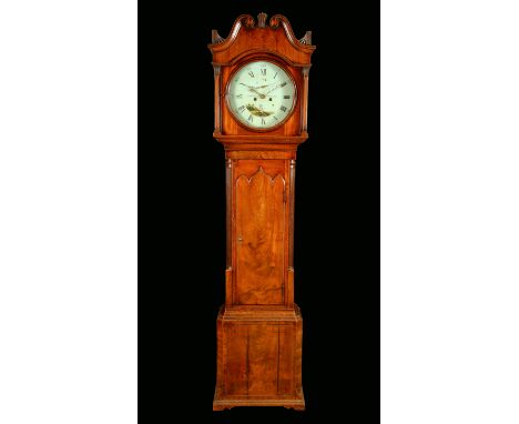 A George III oak and mahogany Neo-Classical long case clock, round painted 13.5in (34.2cm) dial, Roman and Arabic chapter, se