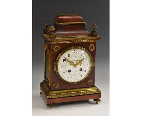 A late 19th century gilt-metal mounted mahogany bracket clock, of small proportions, 11cm slightly convex white enamel dial i