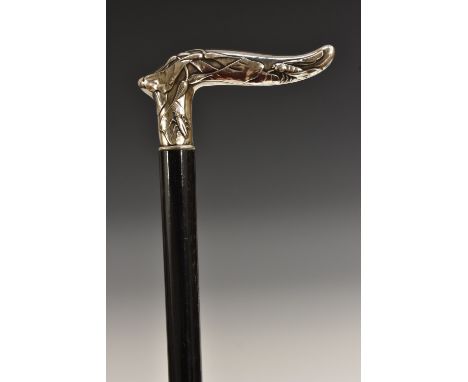 A German Secessionist silver and ebony walking stick, the handle boldly chased in high relief with insects and intersecting l