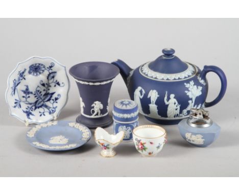 A Wedgwood jasperware teapot, a Wedgwood jasperware circular box, three other pieces of jasperware, a Meissen onion pattern l