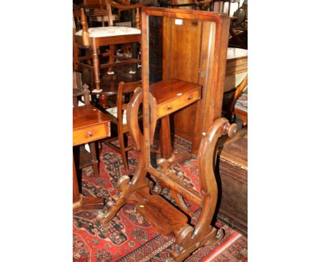 A 19th century figured mahogany cheval mirror, on shaped supports, mirror plate 41" x 22", 55" high overallCondition:One or t