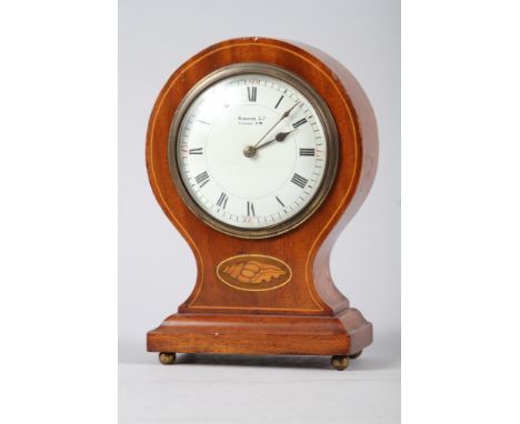 An Edwardian mahogany and inlaid balloon mantel clock, supplied by Harrods, 7 1/2" highCondition:Ticks when wound.No apparent