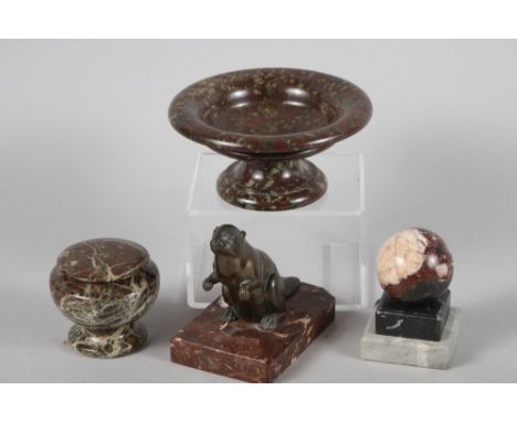 A Serpentine tazza, 2 1/2" high, a similar pot and cover, a spelter model of a beaver, on marble base, 4 1/2" high and a simi
