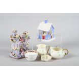 A Worcester fluted tea bowl, two 19th century pastille burners and three pieces of Belleek (