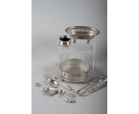 A silver butter dish with glass liner, a silver salt with blue glass liner, a silver jam spoon, a silver teaspoon, a pair of 