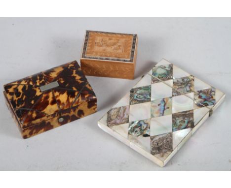 A 19th century tortoiseshell and pewter line inlaid ring box, 3" wide, a mother-of-pearl card case and a Middle Eastern trink