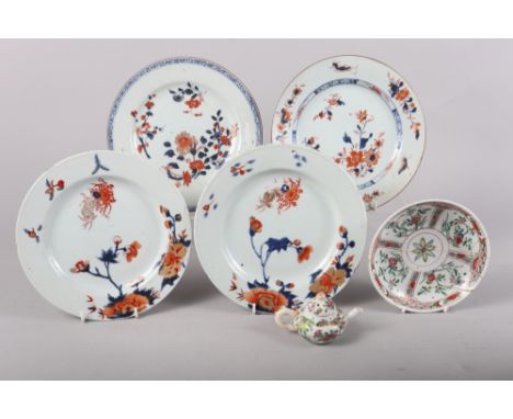 A pair of Chinese Imari porcelain crab and flower decorated plates, a similar Imari decorated plate with insects, an Imari pl