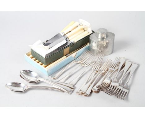 A selection of silver plated cutlery and flatware, and a Tudric pewter caddy with hammered decoration 