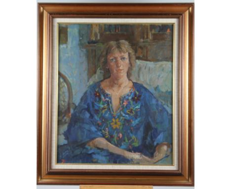 Tom Coates RBA ROI ARWS: oil on canvas portrait of "Pat", 23" x 19 1/4", in linen lined and gilt glazed frame 
