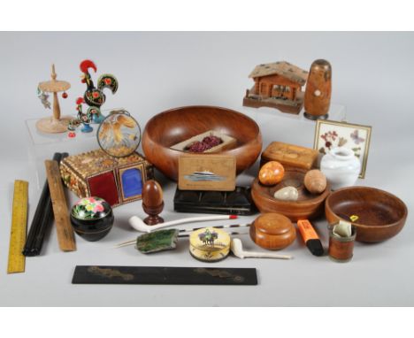 A Kobe nesting doll, a 19th century yew model pail and other decorative items 