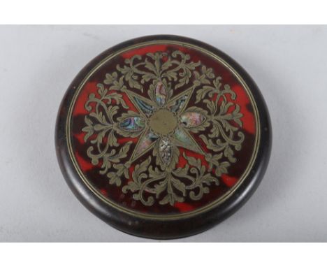 A 19th century turned hardwood tortoiseshell brass and mother-of-pearl inlaid snuff box, 3 3/4" dia 