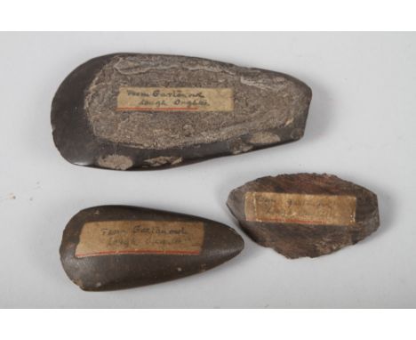 An Irish Neolithic stone axehead, found in Garlan Owl Lough Oughter, 6" long, a smaller similar axehead, 4" long, and a spear