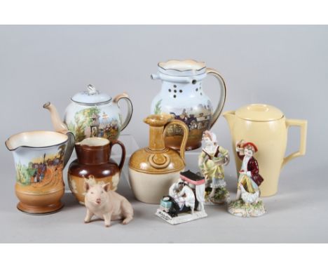 A Wedgwood Bourn-vita hot chocolate pot, 7 3/4" high, a Royal Doulton hunting jug, an Aynsley model pig, "Piggy", and other i