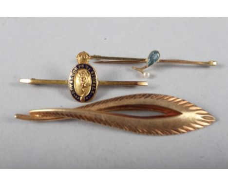A 9ct gold and enamelled Signal Corps favour brooch, 2.3g, a 15ct gold bar brooch set aquamarine and seed pearl, 1.7g gross, 