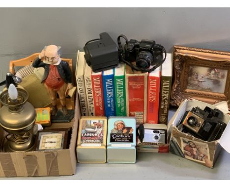 CAMERAS - Pentax SFX, Polaroid, Chinon and miscellaneous items including soda syphon, Mr Pickwick doorstop, antique books ETC