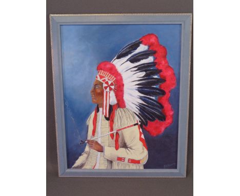 J E HEWITT oil on board - portrait of a Native American Indian with head-dress, signed right hand side, 48.5 x 37.5cms AND a 