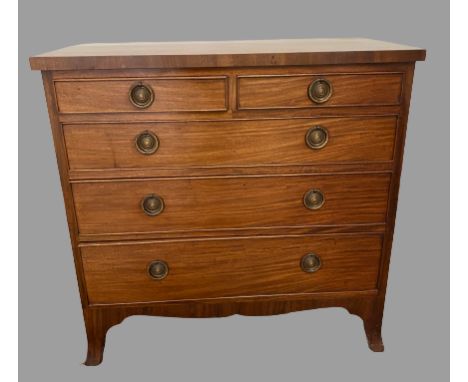 CHEST OF DRAWERS - antique mahogany, three long and two short drawers with brass ring handles on splayed supports, 77cms H, 7