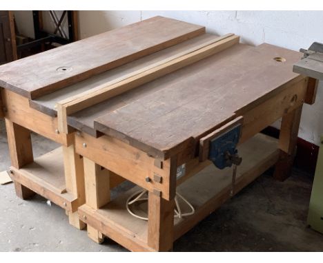 LONG WOODEN BENCH (in 2 sections) with bench vice, 84cms H, 150cms W, 130cms D