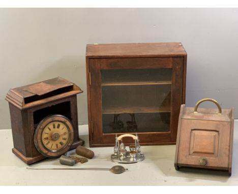 VINTAGE WALL CLOCK with pendulum and weights, single glazed door shelved cupboard, hinged front coalbox and a longcase clock 