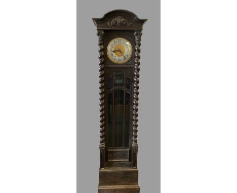 LONGCASE CLOCK - early 20th Century oak with Arts &amp; Crafts type dial, twin weight pendulum driven, chime strike movement,