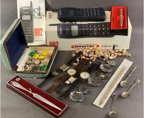 G S M ORBITAL POCKET PHONE 902 in a box, commemorative spoons, wristwatches, costume jewellery ETC