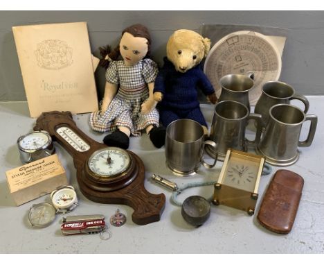 CARVED BALLOON BAROMETER, pewter tankards, assortment of clocks and eclectic items and collectables including an ARP whistle 