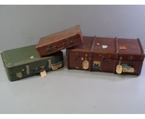 VINTAGE TRUNK - wooden bound, similar era small suitcase and a mid Century suitcase