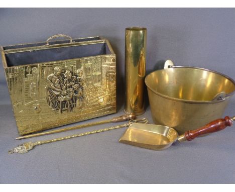 BRASSWARE - swing handled jam pan, trench art, fire irons and a magazine rack