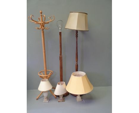 BENTWOOD HAT &amp; COAT STAND in light wood, Art Deco style standard lamp, another standard lamp and an assortment of table l