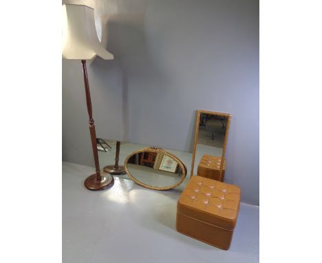 GILT FRAMED ORNATE OVAL MIRROR, 48 x 72cms, two other mirrors, a polished standard lamp and a mid Century square buttoned pou