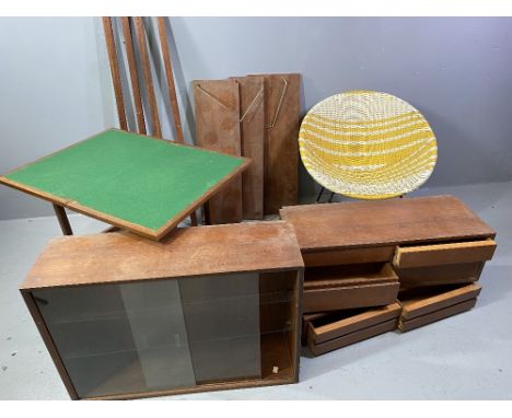 MID CENTURY FURNITURE ASSORTMENT - woven easy chair, foldover card table and a teak style shelving/bookcase system