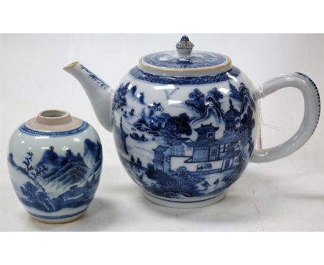 An 18th century style blue and white teapot, of bullet shape, decorated in the Willow pattern, h.16cm; together with a Chines