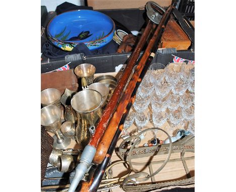 Two boxes of miscellaneous items, to include Long Park Torquay pottery shallow bowl in the Kingfisher pattern, modern RAF bla