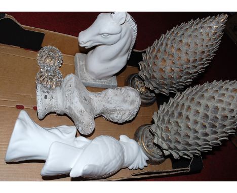 A box of miscellaneous items, to include painted plaster bust, pair of glass salts, ceramic horse head bust, pair of pineappl