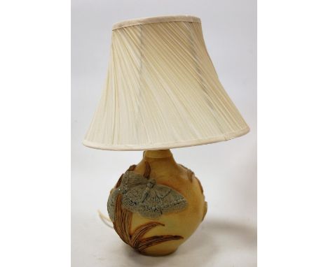 A Bernard Rooke studio pottery table lamp base, having applied butterfly and leaf decoration, incised BR signature, with plea