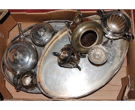 A box of miscellaneous silver plated wares to include Sheffield plated three piece tea service, one other three piece tea ser