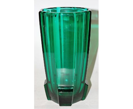 A mid-20th century green tinted glass vase, of tapering octagonal form, apparently unmarked (with chips to rim), h.25cm