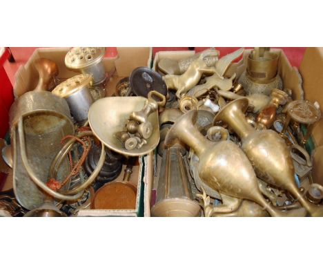 Two boxes of miscellaneous metalware, to include pair of Eastern brass vases, iron grocer's scales and weights, horse brasses