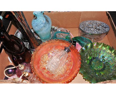 A box of miscellaneous items, to include iridescent glass atomiser, carnival glass dish, silver topped and enamelled atomiser