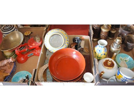 A large collection of miscellaneous items, to include turned brass lampbase, chromium plated cocktail shaker, grocer's scales