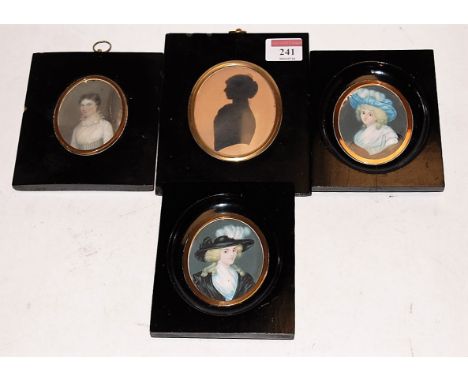 English school, 19th century, three-quarter length portrait miniature of a lady in a hat, watercolour on ivory, framed as an 