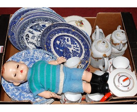 A box of miscellaneous items, to include 1960s plastic doll, Japanese eggshell tea service, blue and white transfer decorated