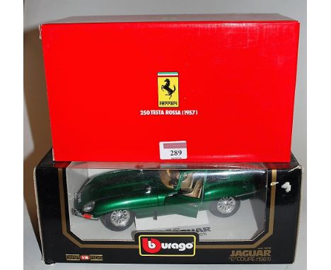 Two boxes Burago 1:18 scale diecast vehicles, to include Ferrari 250 Testarossa and a Jaguar E coupe 1961